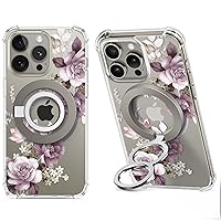 GVIEWIN Bundle - Compatible with iPhone 15 Pro Max Magnetic Case Floral (Cherry Blossoms) + Magnetic Phone Ring Holder (Gray)
