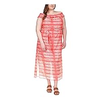 Michael Kors Womens Coral Sheer Slitted Smocked Lined Printed Short Sleeve Off Shoulder Maxi Shift Dress Plus 0X