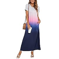 Women's Summer Short Sleeve Maxi Dresses Casual 2024 Loose Beach Sundresses Tshirt Dresses with Pockets