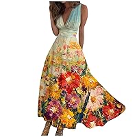 Womens Spring Maxi Dress 2024 Sexy Deep V Neck Sleeveless Trendy Floral Print Flowy Beach Dress