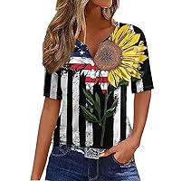 Women's Independence Day T Shirt, Star Print Button Down V- Neck Short Sleeve Tops Casual Loose Patriotic T-Shirt