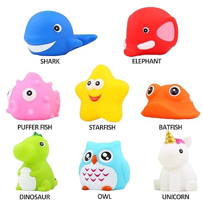 Bath Toys, 8 Pcs Light Up Floating Rubber Animal Toys Set, Flashing Color Changing Light in Water, Baby Infants Kids Toddler Child Preschool Bathtub Bathroom Shower Games Swimming Pool Party