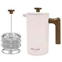 POLIVIAR French Press Coffee Maker, 34 Ounce Coffee Press with Real Wood Handle, Double Wall Insulation & Dual-Filter Screen, Food Grade Stainless Steel for Good Coffee and Tea JX2023-FPLM