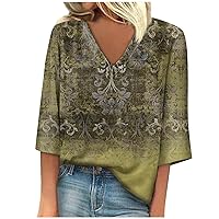 3/4 Sleeve Top Floral Blouse for Women Summer Tops 2023 Sexy V Neck Tunic T Shirts Ladies Loose Retro Graphic Tees