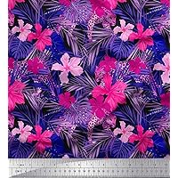 Soimoi Poly Georgette Pink Fabric - by The Yard - 42 Inch Wide - Floral & Leaves Tropical - Blooms in The Tropics: Tropical Leaves and Exquisite Florals Printed Fabric