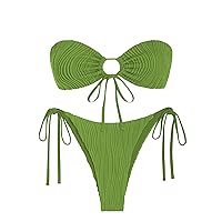 ZAFUL Women's Bandeau Bikini Set O Ring Strapless Swimsuit Tie Side Swimwear Halter Two Piece Bathing Suit