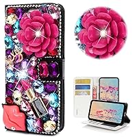 STENES Bling Wallet Phone Case Compatible with Google Pixel 8a Case - Stylish - 3D Handmade Crystal Rose Sexy Lips Lipstick Magnetic Wallet Stand Girls Women Leather Cover - Red