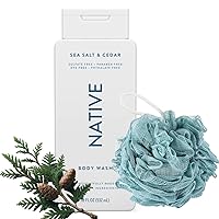 Native Body Wash Sea Salt & Cedar for Women & Men | Sulfate Free, Paraben Free, Dye Free, with Naturally Derived Clean Ingredients- 16 fl oz with Bath Loofah Sponge
