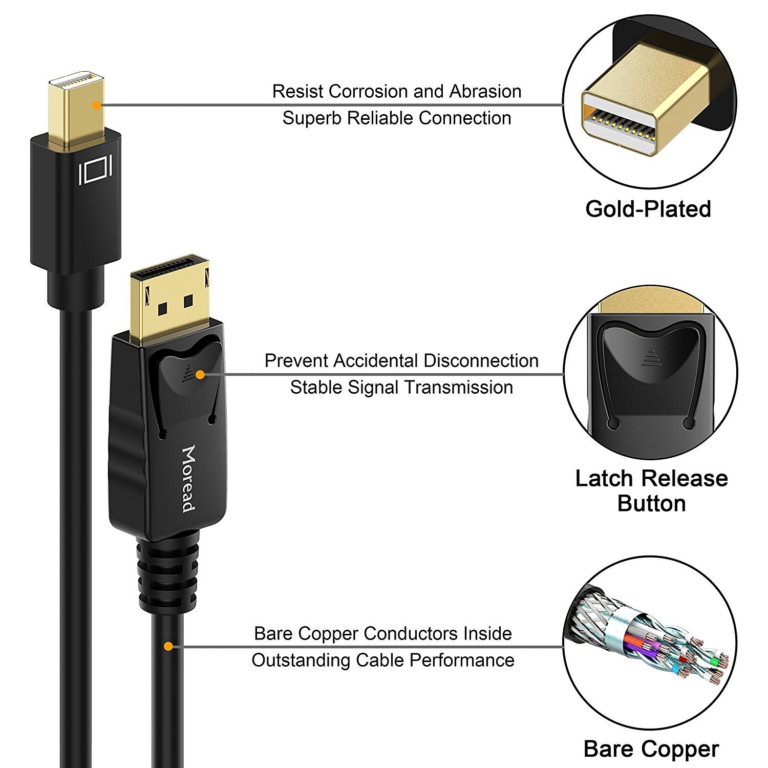 Moread Mini DisplayPort to DisplayPort Cable, 6 Feet, 5 Pack, Gold-Plated DisplayPort to Mini DisplayPort (4K@60Hz, 2K@144Hz) Mini DP to DP Display Cable - Black