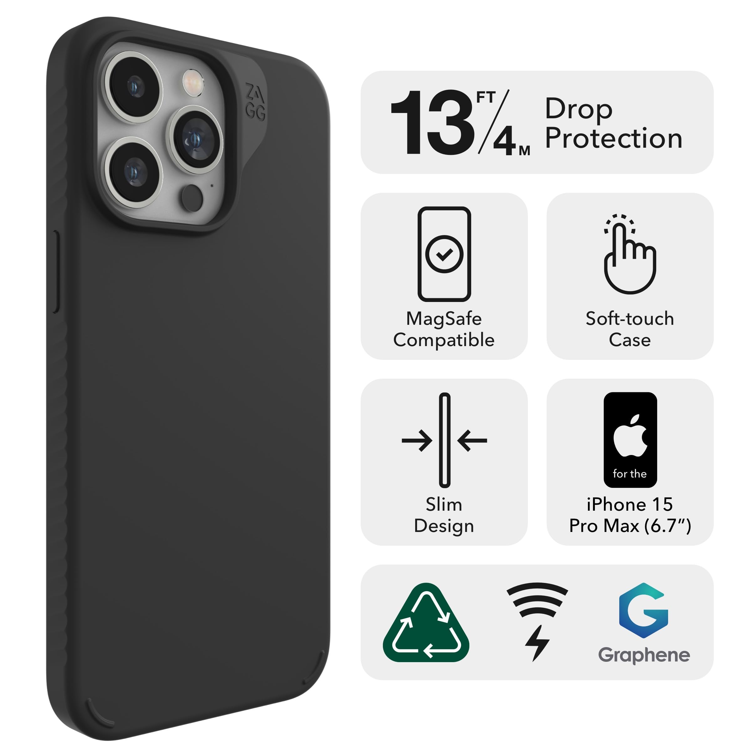 ZAGG Manhattan Snap iPhone 15 Pro Max Case - Premium Silicone iPhone Case, Durable Graphene Material, Smooth Surface with a Comfortable Ripple Grip, MagSafe Phone Case, Red