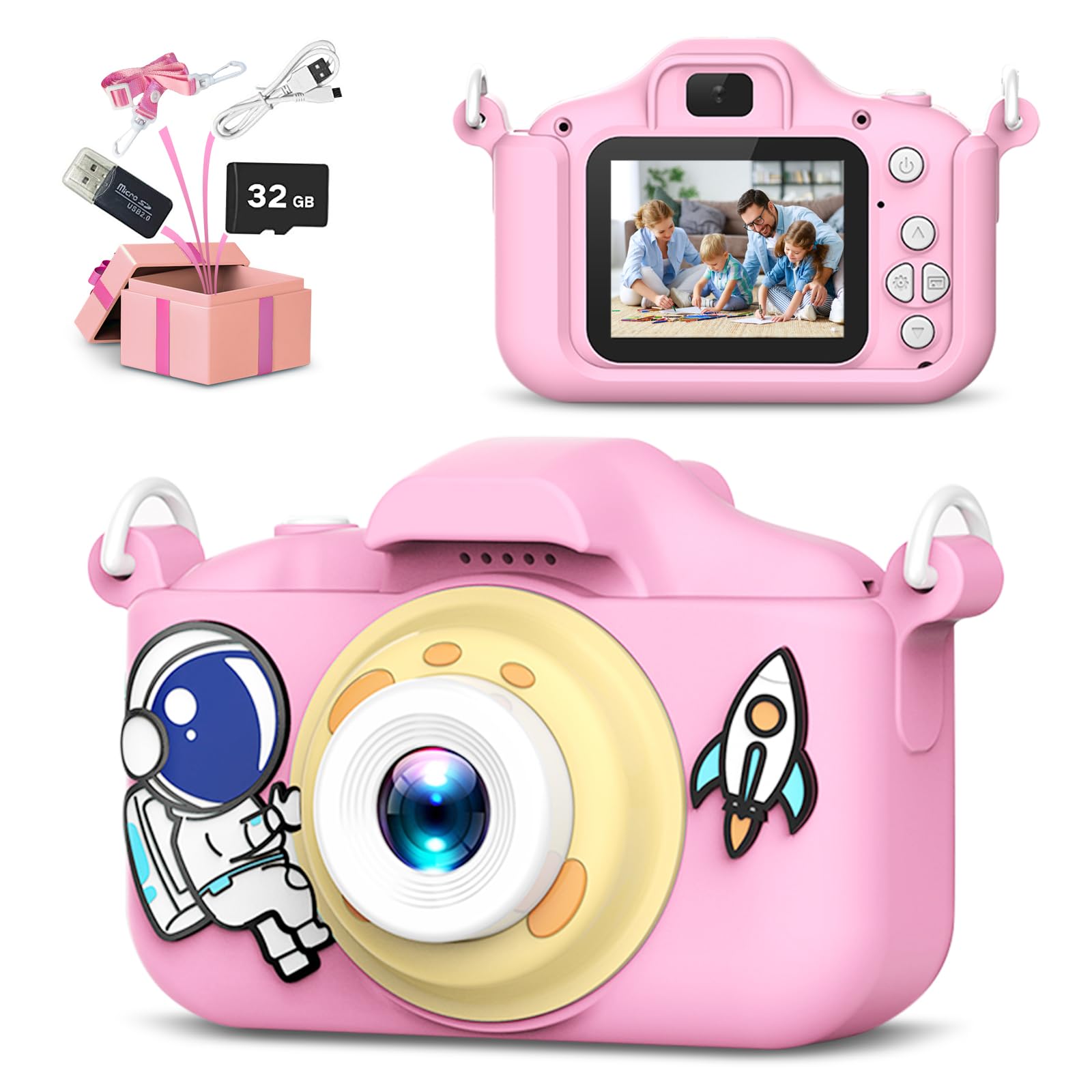 JCC Children Camera for Girls/Boys, Portable Selfie Toy Camera for Toddlers Age 3-12 Year Old,20MP 1080P HD Digital Video Camera with 32GB SD Card for Kids Birthday Christmas Festival Gifts (Pink)