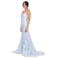 Betsy & Adam Long Mermaid Lace Gown with Stones Light Blue 2