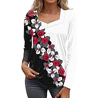 Long Sleeve Blouses for Women Trendy Floral Print Square Neck Pullover Tops Casual Plus Size Button Cozy Basic Shirts