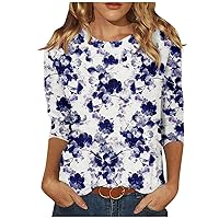 Spring Outfits for Women, Womens Shirts Dressy Casual Holiday Tops for Women 2024 Women's Fashion Casual Three Quarter Sleeve Print Round Neck Pullover Top Blouse Tunic Tops (Dark Blue,3XL)
