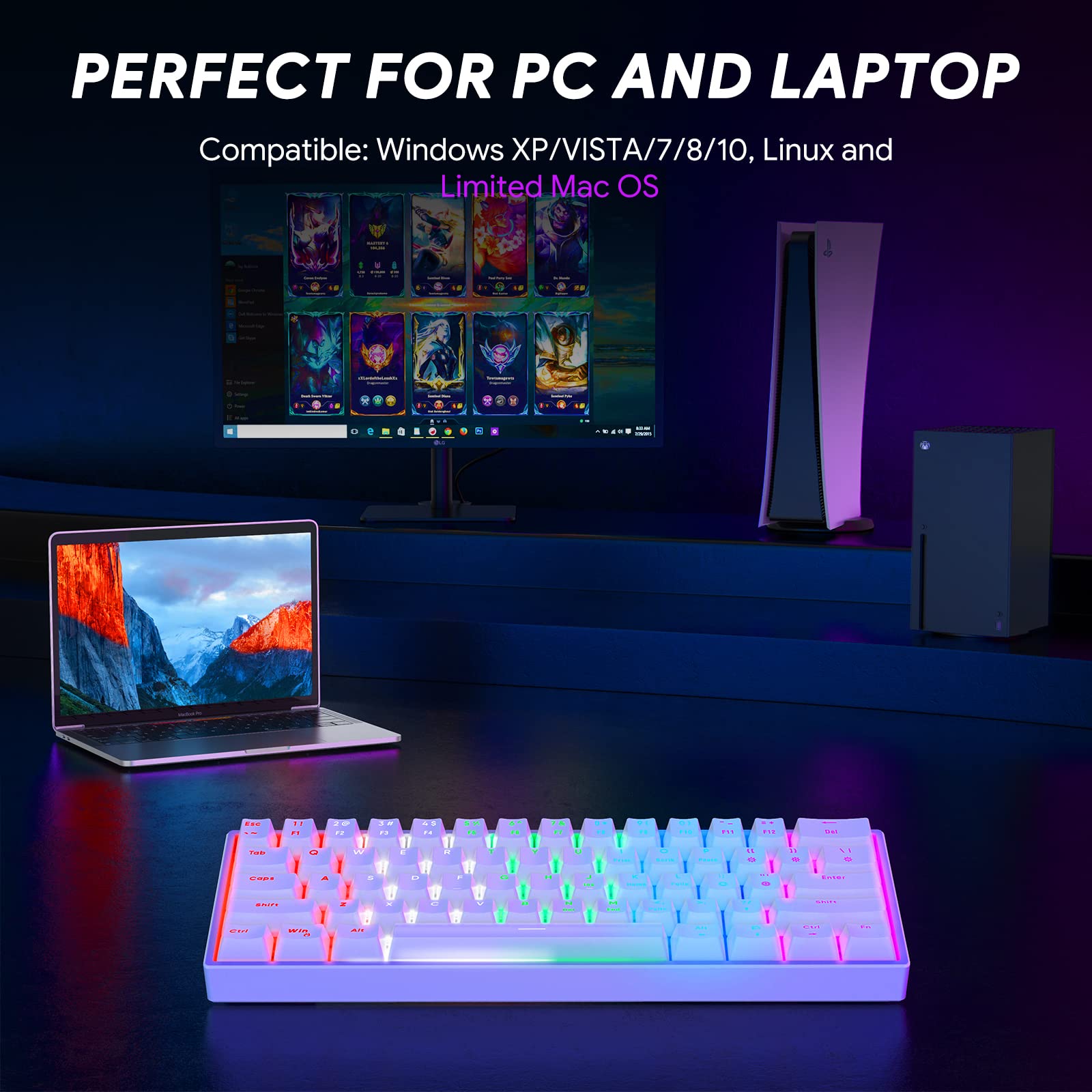 TECURS 60 Percent Gaming Keyboard Wired, White Light Up Mechanical Keyboard Mini 61 Key Compact Gamer Keyboard Clicky with Blue Switch for Computer PC Laptop