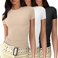 Y2K Going Out Tops for Women,Short Sleeve Slim Sexy T Shirts Crew Neck 2024 Trendy Solid Blouse Shirt 2 Pack/3 Pack