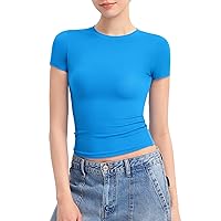 PUMIEY Women's Crew Neck Short Sleeve Tops Double Lined Slim Fit T Shirts Basic Tee Smoke Cloud Pro Collection