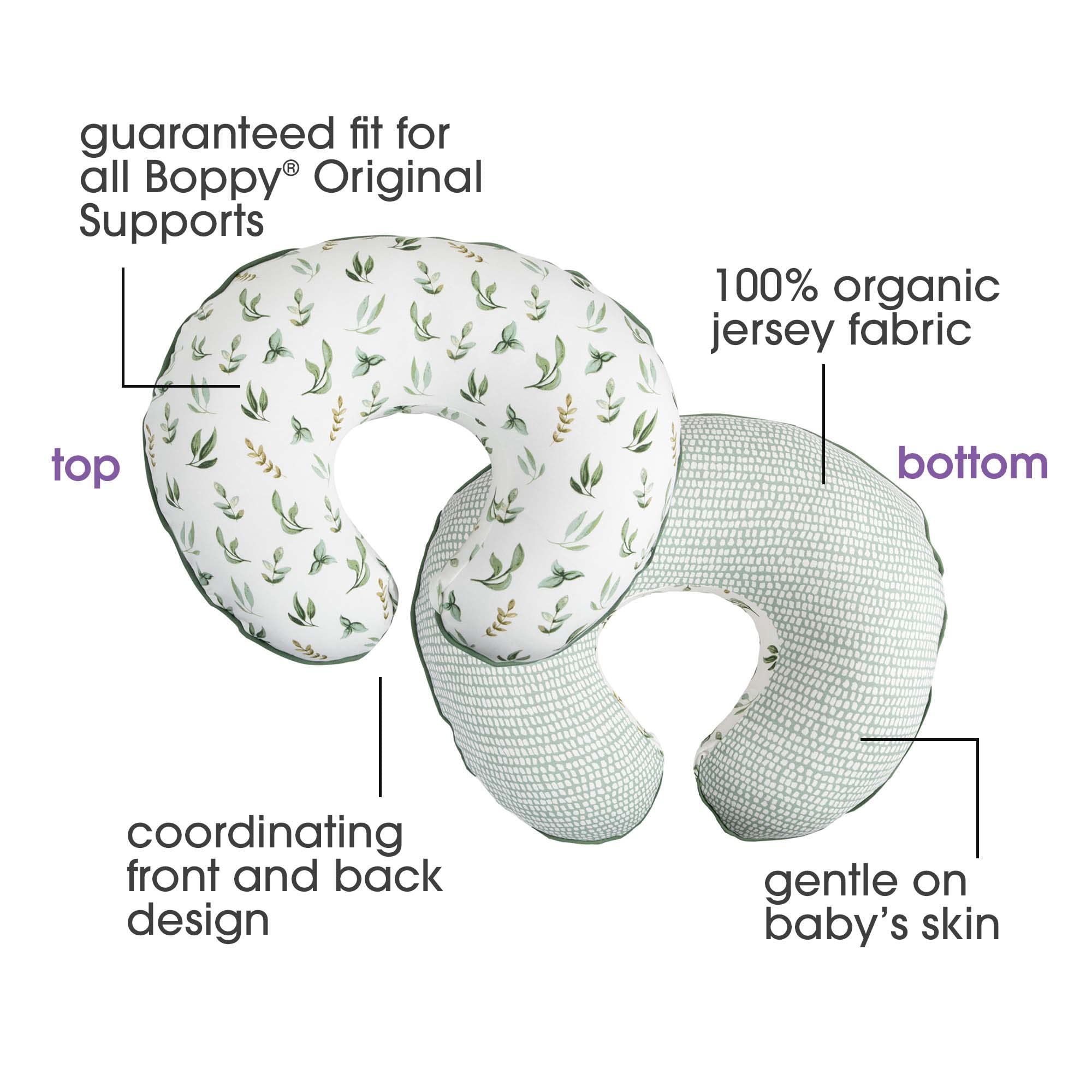 Boppy Organic Original Support Nursing Pillow Cover, Green Little Leaves, 100% Organic Cotton Jersey Cover Fits All Boppy Original Nursing Supports for Breastfeeding and Bottle, Cover Only