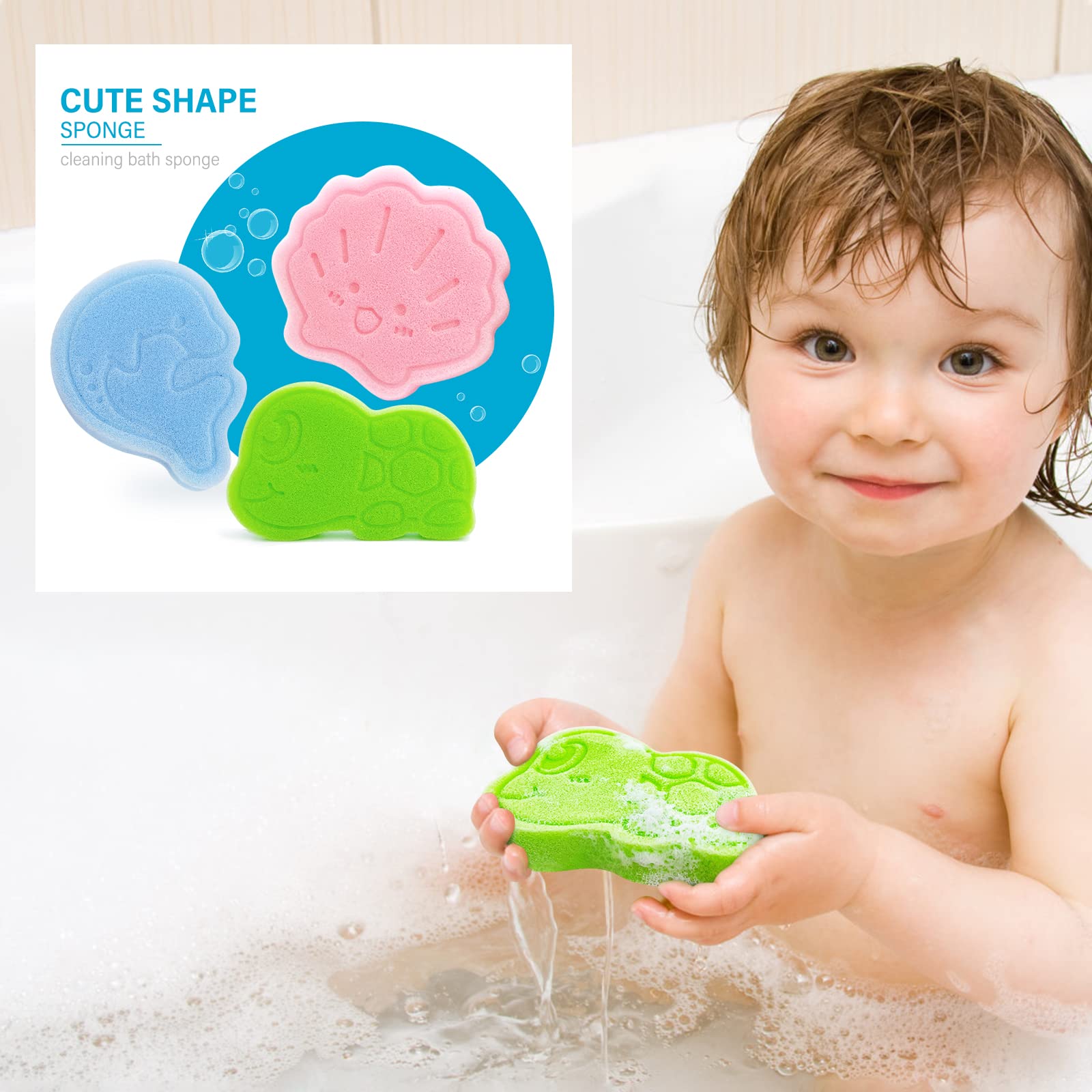 DANCELF Baby Bath Sponge, Natural Cute Shapes Soft Shower Sponges for Bathing, Bathtub Toys for Infants and Toddler, 3pcs : Blue Dolphin, Pink Shell, Green Turtle