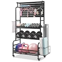 63'' Large Home Gym Storage Rack, Gym Equipment Organizer Rack for Dumbbells Kettlebells Yoga Mat, All in One Exercise Workout Equipment Storage with Wheels and Hooks for Home Gym