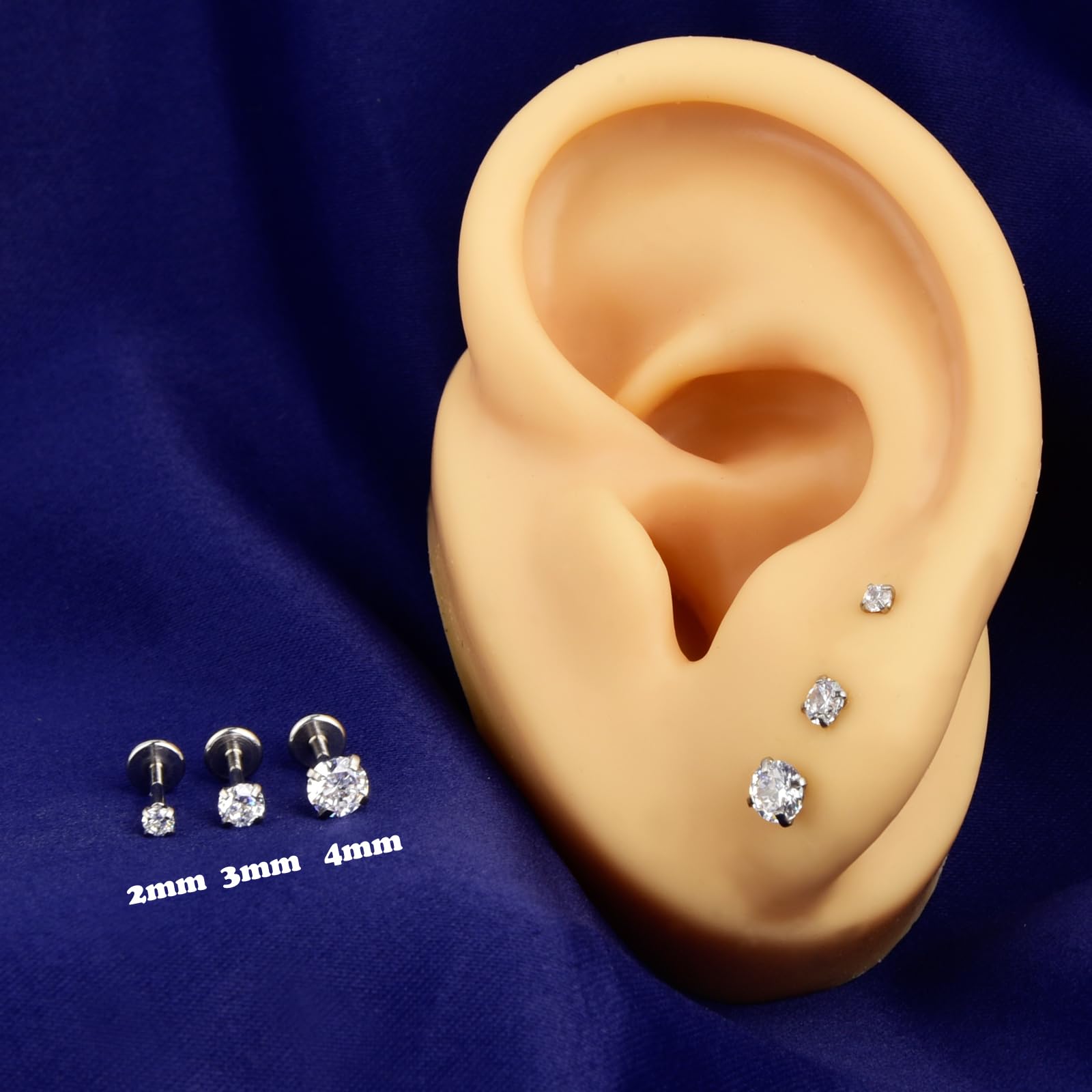 CANDYFANCY 16g 2/3/4mm Cubic Zirconia Triple Forward Helix Ear Cartilage Tragus Studs Earrings Lip Piercing 16 gauge