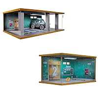 1/24 Scale and1/18 Scale Hot Wheels Display Case Car Garage Moldel with LED Light and Acrylic Cover Wooden Diecast Car Show Case 3 Parking Spaces Green