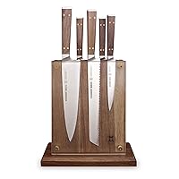 Brass and Walnut 6-piece Knife Block Set, High-Carbon German Stainless Steel Multipurpose Kitchen Cutlery with Midtown Storage Block