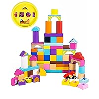 106 Piece Wood Building Blocks Set - Wooden Stacking Blocks for Toddlers and Kids Ages 3-5 - Includes Container with Shape Sorting Lid for Learning