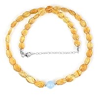 March And November Birthstone Aquamarine Citrine Beaded Gemstone Necklace in 925 Sterling Silver Lock Chain For Women Girls Handmade Semi Precious Jewelry Gift (45 CM)