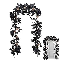 Artificial Flowers, Black Rose Garland for Halloween Decorations 69 Inch Artifical Rose Vine with BlackBerry and Leaves Realistic Vivid Floral Garland for Fall Thanksgiving
