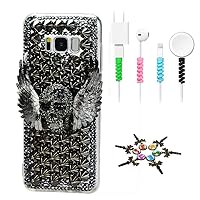 STENES Sparkle Bling Case Compatible with Samsung Galaxy A14 5G Case - Stylish - 3D Handmade Bling Punk Rivet Wing Skull Design Cover Case with Cable Protector [4 Pack] - Black