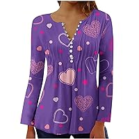 Valentine's Day Shirt Womens Henley V Neck Button Down Casual Blouse Love Heart Print T Shirts Flare and Flowy Tops