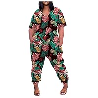 Rompers For Women Casual Plus Size Womens Casual V Neck Short Sleeve Zipper Overalls With Pockets Wide Long Jumpsuits