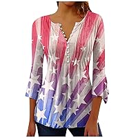 July Fourth Shirts 3/4 Length Sleeve Womens Tunic Blouses Henley Shirt Trendy Striped Tees Three Quarter Sleeve Top