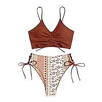 ZAFUL Women V Neck Bikini Set Ruched Tie Front High Waisted Floral Print Ribbed 2 Piece Bathing Suit Swimsuits