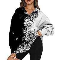 XHRBSI Long Sleeve Workout Shirts For Women Women's Casual Fashion Long Sleeve Flower Print Oversize Zip Sweatshirt Top