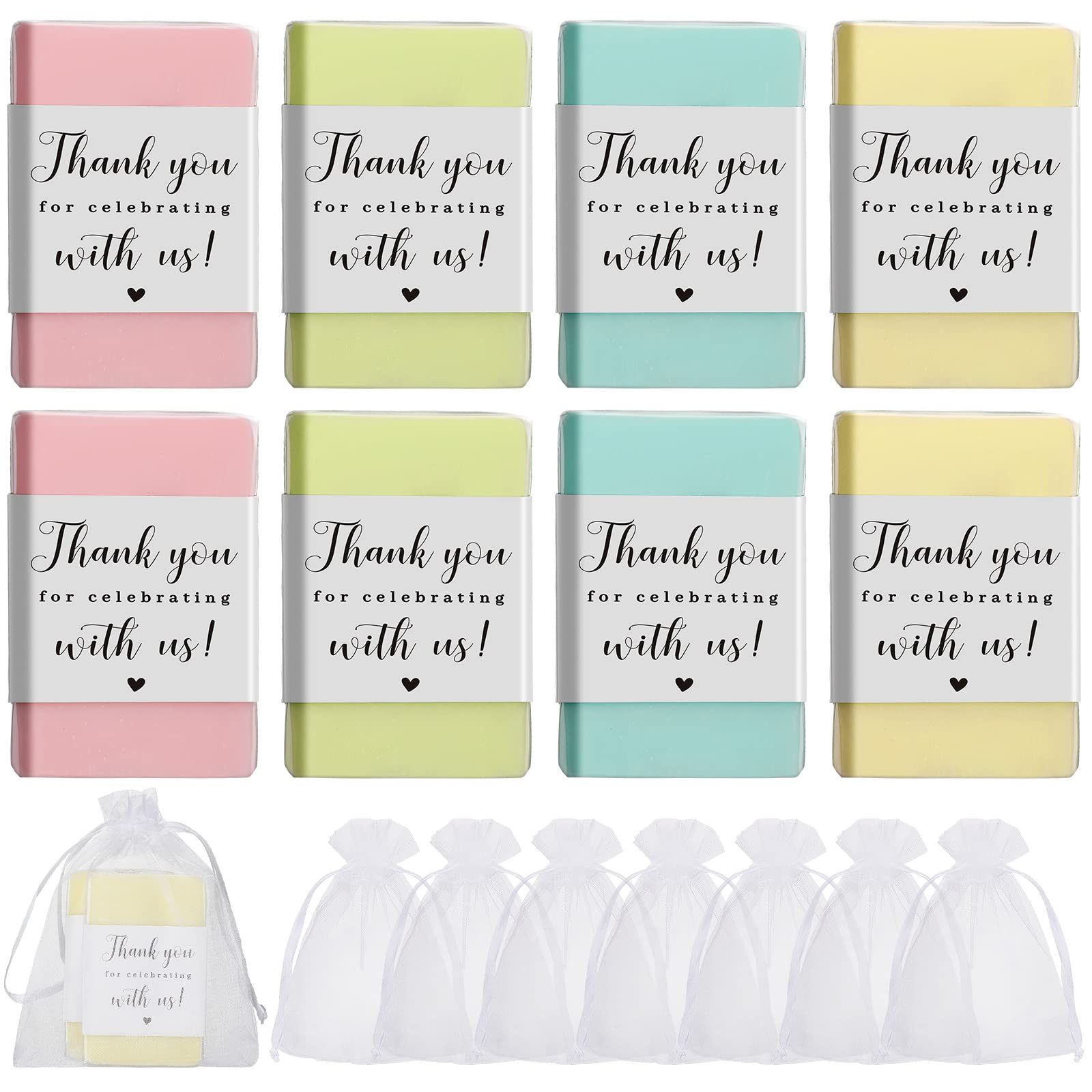 60 Set Mini Soap Favors Gift Small Scented Soap Bar Cleanser for Hands Body Gentle Skin Moisturizing Bath Soaps with White Sheer Organza Gift Bags for Baby Shower Bridal Shower Wedding (Classic)