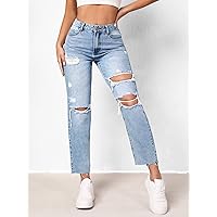 Jeans for Women- High Waist Ripped Straight Leg Jeans (Color : Light Wash, Size : W28 L32)