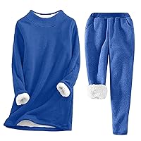Womens Warm Fleece Lined Pjs Solid Sets Winter 2Pcs Outfits Sherpa Crewneck Pullover and Pants Sweatsuit Pajamas Set