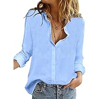 SAOVERE Womens V Neck Button Down Linen Shirts Long Sleeve Blouses Roll Up Casual Work Plain Solid Tops