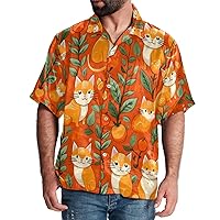 Hawaiian Shirt for Men Casual Button Down, Quick Dry Holiday Beach Short Sleeve Shirts Orange Cartoon Cats,S