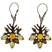 BALTIC AMBER AND STERLING SILVER 925 DESIGNER MULTI-COLOURED WINTER LEAF EARRINGS JEWELLERY JEWELRY