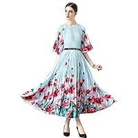 Summer Fall Vintage Floral Print Crew Neck Belt Half Sleeve Women Ladies Casual Party Vacation Midi Long Pleated Dresses