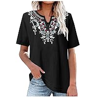 Women's Embroidered Dressy Blouses Cotton Linen Short Sleeve Boho Tunic Tops Casual Notch V Neck Loose Fit T-Shirt