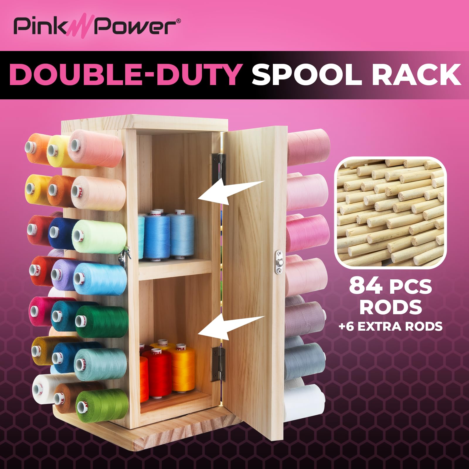 Pink Power 84 Spools Thread Holder Stand - 360° Full Rotating Wooden Thread Holder - Thread Rack - Embroidery Thread Organizer - Thread Storage box for Sewing, Quilting, Jewelry, and Hair-Braiding