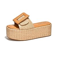 Cape Robbin Indi Platform Raffia Sandals for Women - Chunky Open Square Toe Causal Sandals - Women's Slip On Shoes with Buckle