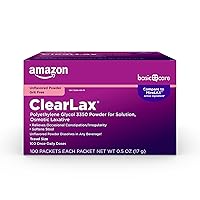 Amazon Basic Care ClearLax Polyethylene Glycol 3350 Powder for Solution, Osmotic Laxative, Softens Stool, Relieves Occasional Constipation, Unflavored, 0.5 Oz (Pack of 100)