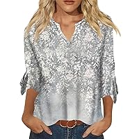 Womens 3/4 Sleeve Summer Tops,Fall Elbow Length Tops Trendy V-Neck Print 3/4 Sleeves Print T-Shirt Slim Top Casual