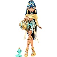 Monster High Cleo De Nile Doll in Golden Blouse and Layered Skirt, Includes Pet Cobra Hissette and Accessories Like a Backpack, Snack and Scroll