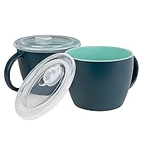 KooK Soup Mugs, Soup Cups with Lid, Microwavable Soup Bowl with Handles, Ceramic with Plastic Lid, for Overnight Oats, Travel Cups, Oversized Coffee Mug, Cereal, 25 Oz, Set of 2, (Matte Navy/Jade)